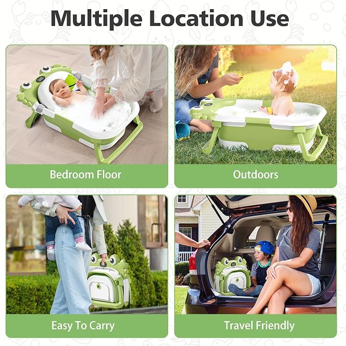 Collapsible Baby Bathtub for Newborns with Thermometer and Soft Floating Cushion Portable and Foldable Travel Baby Boy Bath Tub for Infants to Toddler 0-36 Month (Green)