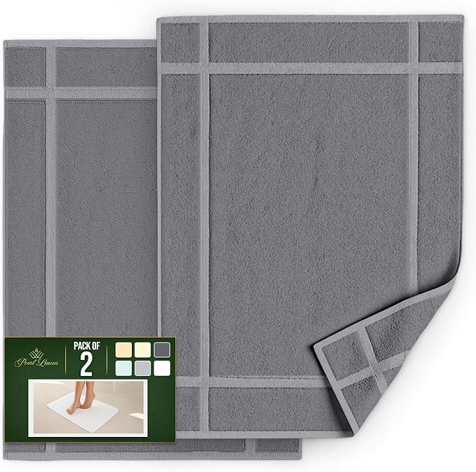 Pearl Linens 100% Ring Spun Cotton Bath Mat (Pack of 2) 20 x 30 Inch, Washable, Soft & Absorbent Terry Bathroom Floor Mat – Not Bathroom Rugs – Quick-Dry After Shower Bath Mat, 687 GSM, Light Grey