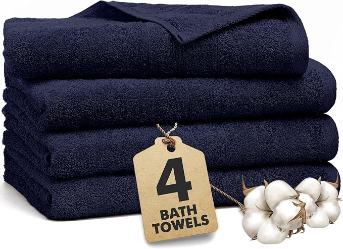 Bath Towels Set of 4 – 100% Ring Spun Cotton Navy Blue Extra Large Towels for Bathroom, Spa Use (55x28 in) – 550 GSM Super Soft and Quick Dry Large Bath Sheets for Adults