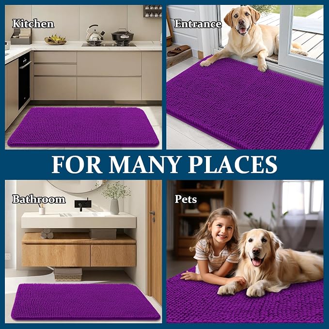 OLANLY Dog Door Mat for Muddy Paws 54x32, Absorbs Moisture and Dirt, Absorbent Non-Slip Washable Doormat, Quick Dry Chenille Mud Mat for Dogs, Entry Indoor Entryway Carpet for Inside Floor, Purple