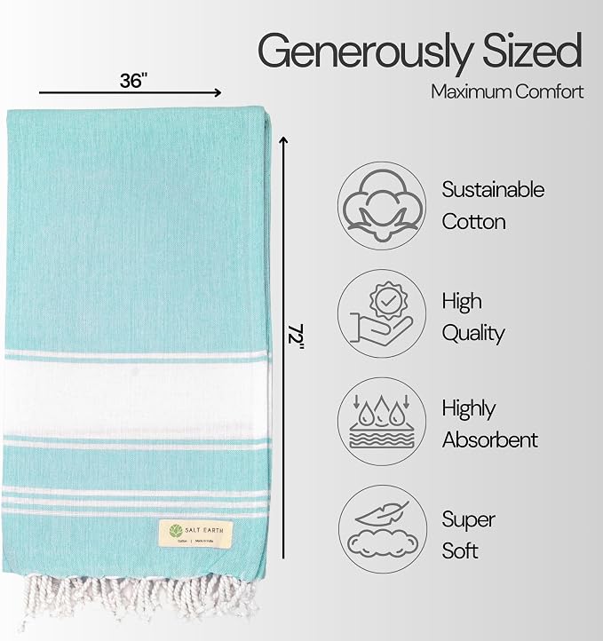 Salt Earth Cotton Turkish Beach Towel (Set of 2, 36"x72") - Soft, Quick Dry, Sand Resistant, Absorbent Towels for Bathroom, Home, Travel, Pool, Spa, Bath, Swim - Beach Towels Oversized (Aqua)