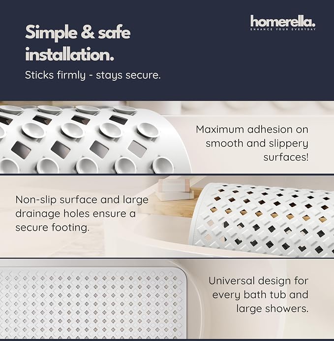Bathtub Mat Non Slip 35x16 - homerella® Bath Mat Incl. Hooks for Drying, Extra Long, 100% BPA Free, Shower Mat Non Slip Anti Mold, Machine Washable, Shower Mats for Inside Shower Mildew Resistant