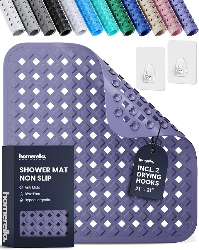homerella® Shower Mat Non Slip Anti Mold, Non Slip Shower Mats for Inside Shower Stall Anti Slip Mat, Square Shower Floor Mat 21 x 21 in with Suction Cups & Hooks for Quick Drying, Machine Washable