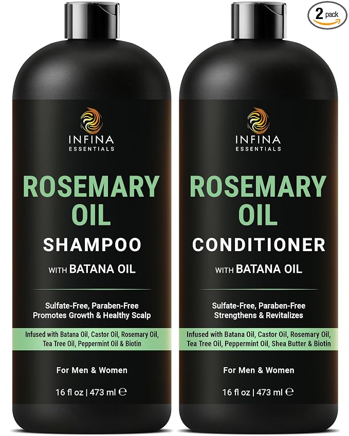 Rosemary Shampoo and Conditioner Set for Hair Growth with Batana Oil, 16 oz | Sulfate-Free with Castor Oil, Biotin, Peppermint Oil for Hair Growth and Thickness, Men and Women, by INFINA ESSENTIALS