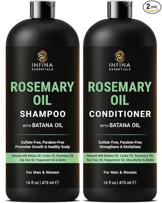 Rosemary Shampoo and Conditioner Set for Hair Growth with Batana Oil, 16 oz | Sulfate-Free with Castor Oil, Biotin, Peppermint Oil for Hair Growth and Thickness, Men and Women, by INFINA ESSENTIALS