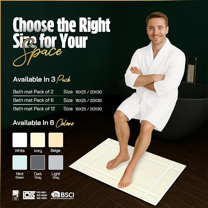 Pearl Linens Pack of 2 100% Cotton Bath Mat 18x25 inches, Soft & Absorbent Quick Dry Bathroom Mats Set, Not Bathroom Rugs, After Shower Mats, Bath Tub Mat, 781 GSM, Machine Washable, Ivory