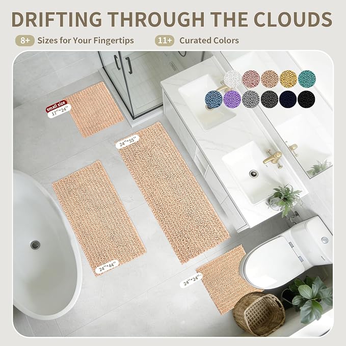 Bathroom Rugs Non Slip Washable 36x24, Extra Thick Soft Chenille Absorbent Bath Mat, High Density Barrier Non Slip Backing, Quick Dry Plush Shaggy Floor Carpet for Tub&Shower, Beige