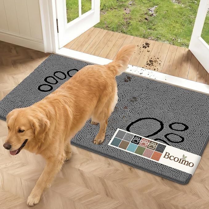 Bcoimo Quick Dry Chenille Doormat – Super Absorbent Non-Slip Entryway Rug for Inside Your Home, Machine Washable Dirt Trapper for Dogs with Muddy Paws (Grey 48×30 Inches