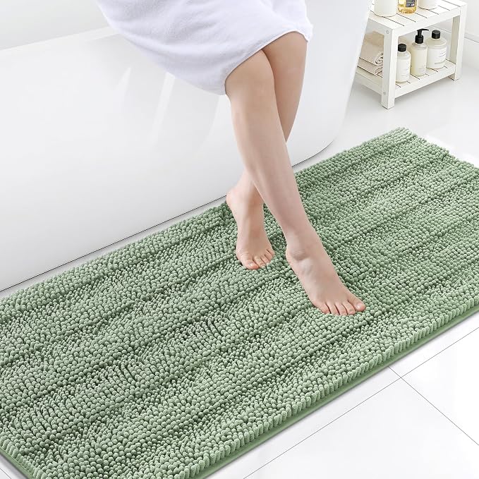 Grandaily Chenille Striped Bathroom Rugs 70x24, Extra Thick and Soft Absorbent Bath Mats, Rubber Backing, Plush Shaggy Shower Carpet, Machine Wash Dry, Bath Rug for Bathroom, Grayish Green