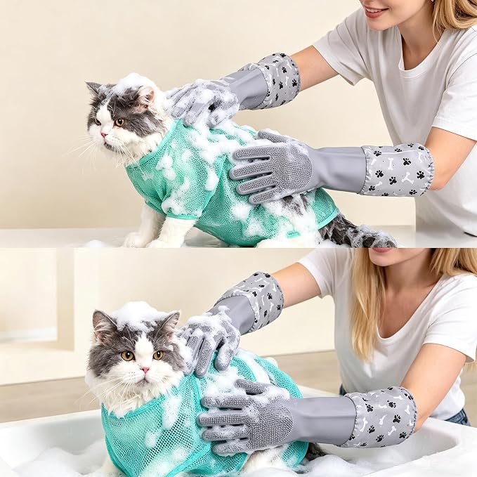 Pet Grooming Long Sleeve Washing Gloves feature silicone grooves design, ideal for both cats and dogs. This set includes 4 pieces in total, coming with a cat bathing bag and a pet hair remover.