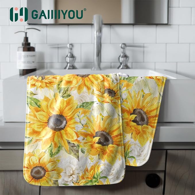 Watercolor Sunflowers Hand Towels Set Vintage Yellow Floral Towels Soft Absorbent Decorative Coral Fleece Towel
