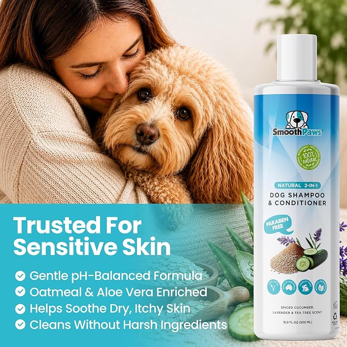 2-in-1 Natural Dog Shampoo & Conditioner – pH-Balanced for Dogs & Puppies | Gentle Oatmeal & Aloe Vera Formula for Sensitive Skin | Spiced Cucumber, Lavender & Tea Tree Scent | 16.9 oz |
