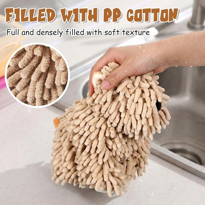 Tegeme 2 Pcs Chenille Dog Hand Towel Fuzzy Towel Absorbent Microfiber Soft for Bathroom Kitchen Washstand (Khaki Grey,Siting and Standing Dog)