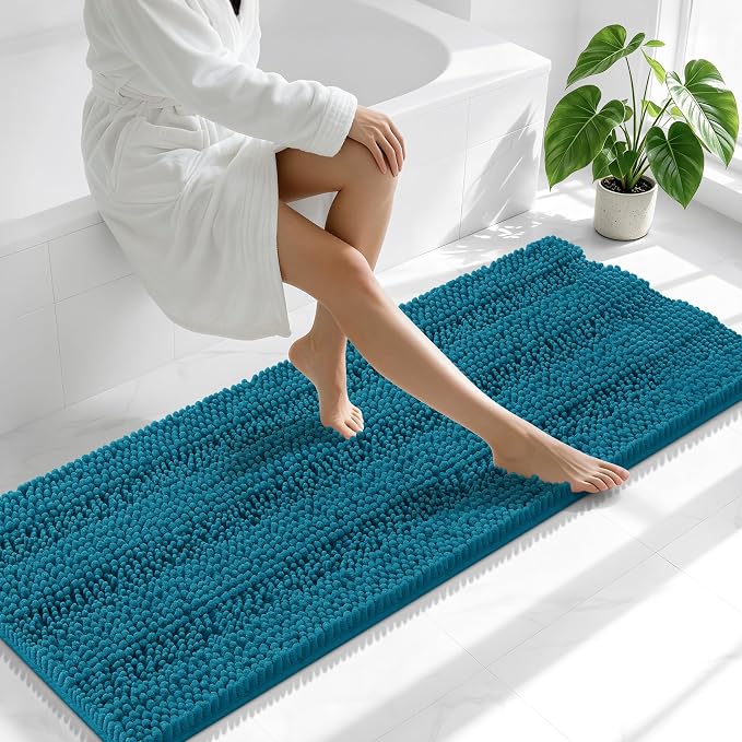 Smiry Thick Chenille Bathroom Runner Rugs 59x20, Absorbent Striped Bath Mat, Machine Washable, Rubber Backing, Extra Long Bath Rugs for Tub & Shower, Modern Home Decor Accessories, Peacock Blue