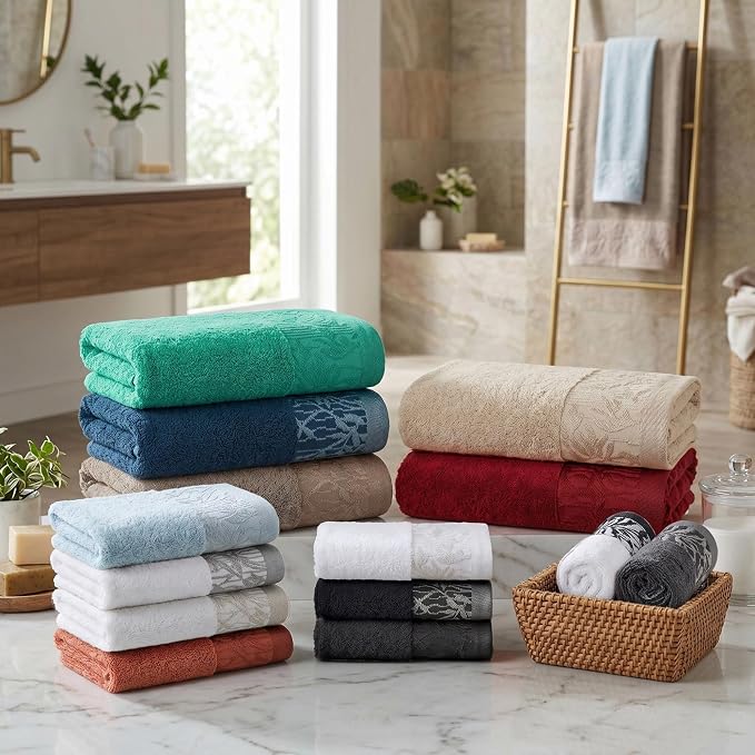 Superior Floral Jaquard Cotton Hand Towels, 4 Pack Towel Set, Turquoise | 0