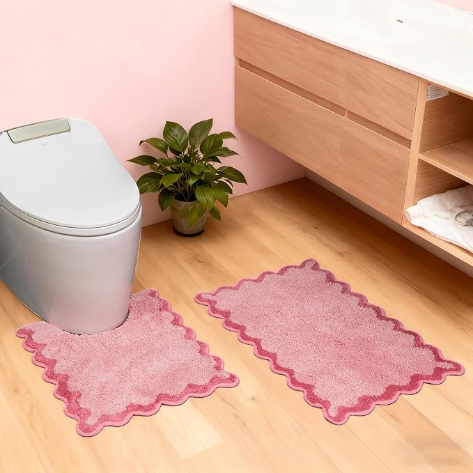 ORTIGIA Cute Scalloped Bathroom Rugs Set,Candy Pink Plush Microfiber Scallop Bath Mats Non Slip Washable Quick Dry Absorbent Rug Carpet for Sink Laundry Room Bedroom,20" x 30" + U Shape 20" x 24"