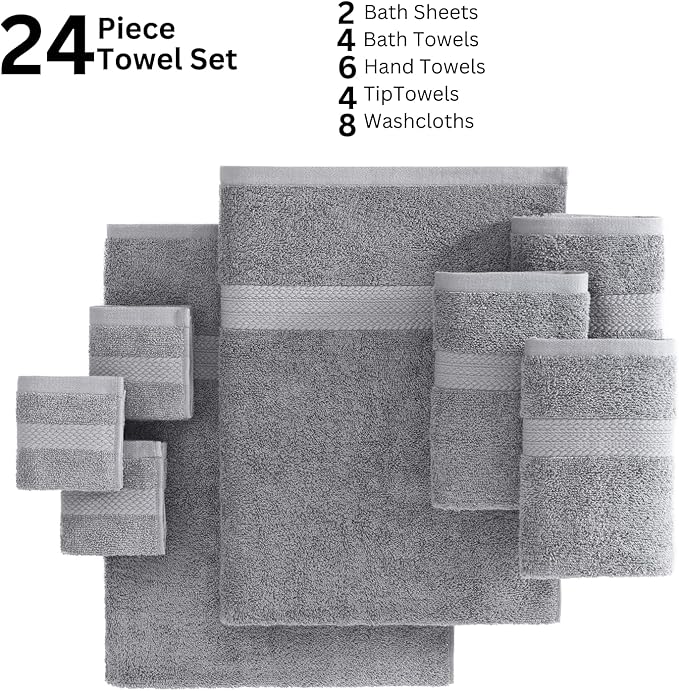 LANE LINEN Luxury 24 PCs Bath Towels Set - 100% Ring Spun Cotton Towels for Bathroom - Quick Dry, Soft & Absorbent, Perfect for Kids, Guest & Everyday Use - Oeko Tex Certified -Space Grey