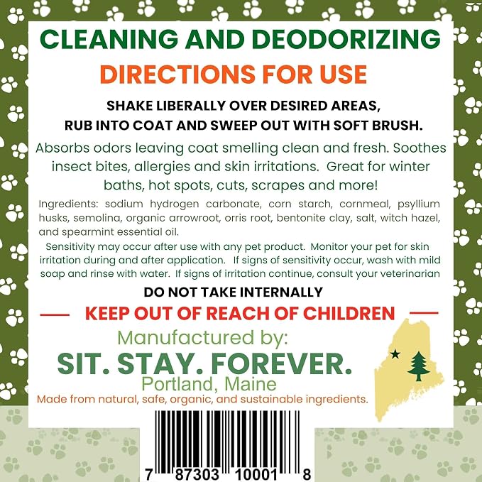 Sit Stay Forever.Dry Shampoo for Dogs & Cats – Organic Dry Powder, Waterless No-Rinse, Lick-Safe, Talc-Free, Talco para Perros, Hypoallergenic Odor & Itch Relief, Safe for Puppies & Kittens, USA 7 oz