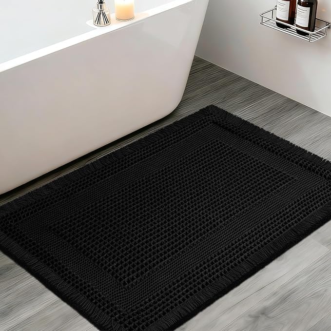 Upgraded Waffle Bath Mat, 32"x20" Black-Looped, Super Absorbent Non-Slip Quick Dry Bathroom Rugs with Tassels, Machine Washable Ultra Soft Boho Bath Rugs for Floor, Toilet Mats Boho Farmhouse Decor