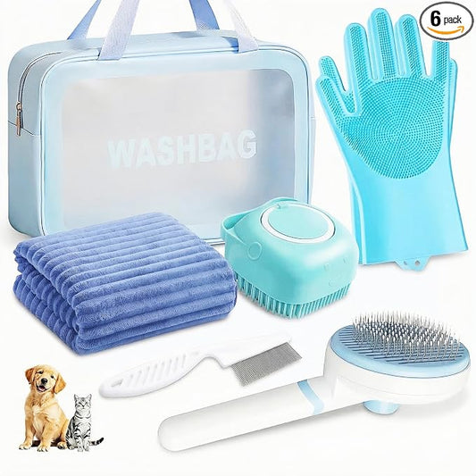 6PCS Dog Bath Kit & Dog Brush Kit for Dogs & Cats - Professional Pet Grooming Tools Set with Shedding Brush, Bath Scrubber, Dematting Comb & Storage Bag - Complete Dog Washing Essentials, Blue