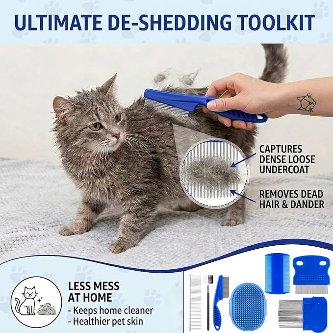 7 Pack Pet Flea Comb & Grooming Set for Dogs Cats, Stainless Steel Lice Combs with Rounded Teeth Tear Stain Remover & Silicone Bath Massage Brush Tick Removal Tool for Small Pets