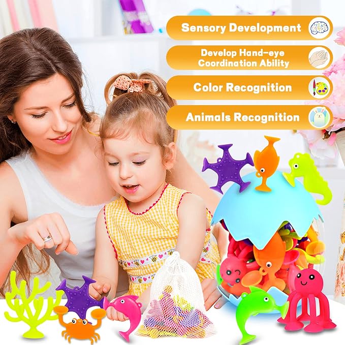 Suction Bath Toys for Kids, 18 Pcs Ocean Animal Suction Cup Toys with Eggshell & Bag, No Hole Mold Free Bath Toy, Sensory Window Building Toys for Toddlers Boys Girls 3 4 5 6 Year Old