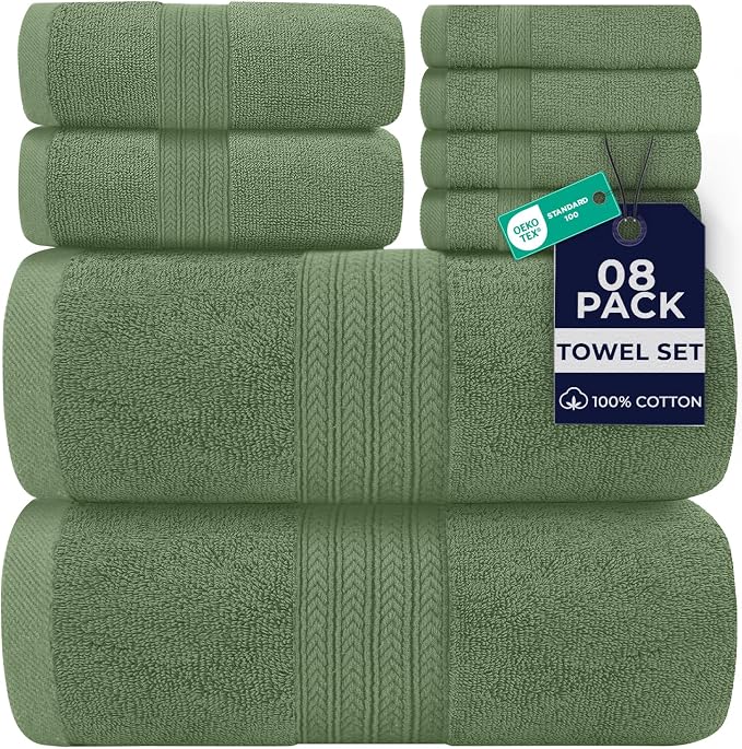 DAN RIVER 8 PC Luxury Bath Towels for Bathroom, 2 Bath, 2 Hand, and 4 Wash Cloths, 600 GSM 100% Ring Spun Cotton Towel Set, Highly Absorbent, Gym, Hotel, and Spa, Sage Green