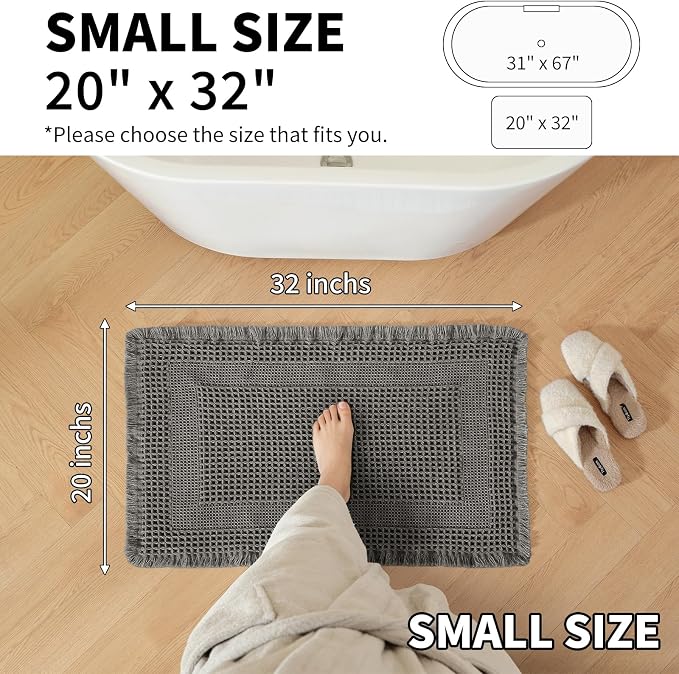 Waffle Bath Mat - Super Water Absorbing Bath Mat Quick Dry, Bathroom Rugs Non Slip Washable with Tassels, Rubber Backed Bathroom Mat for Bathroom Floor, Tub and Shower, 20" x 32", Dark Grey