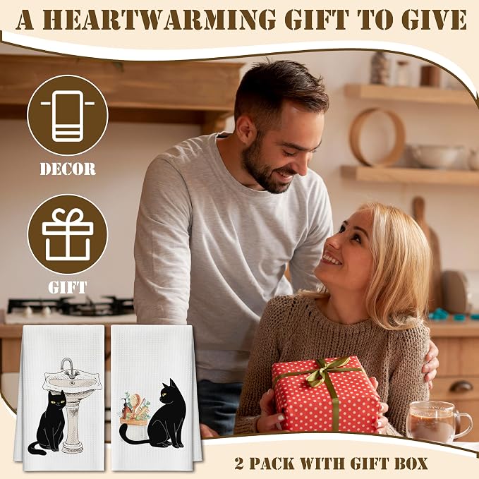 Bath Towels Set of 2, Cute Funny Black Cat Dish Towel for Bathroom Spa Kitchen, Decorative Hand Towels, Fast Drying Tea Towel, Housewarming Xmas Gifts for Cat Lover Women Mom -B27