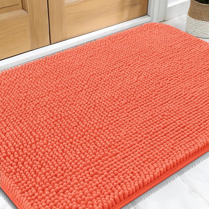 OLANLY Dog Door Mat for Muddy Paws 32x20, Absorbs Moisture and Dirt, Absorbent Non-Slip Washable Doormat, Quick Dry Chenille Mud Mat for Dogs, Entry Indoor Entryway Carpet for Inside Floor, Coral