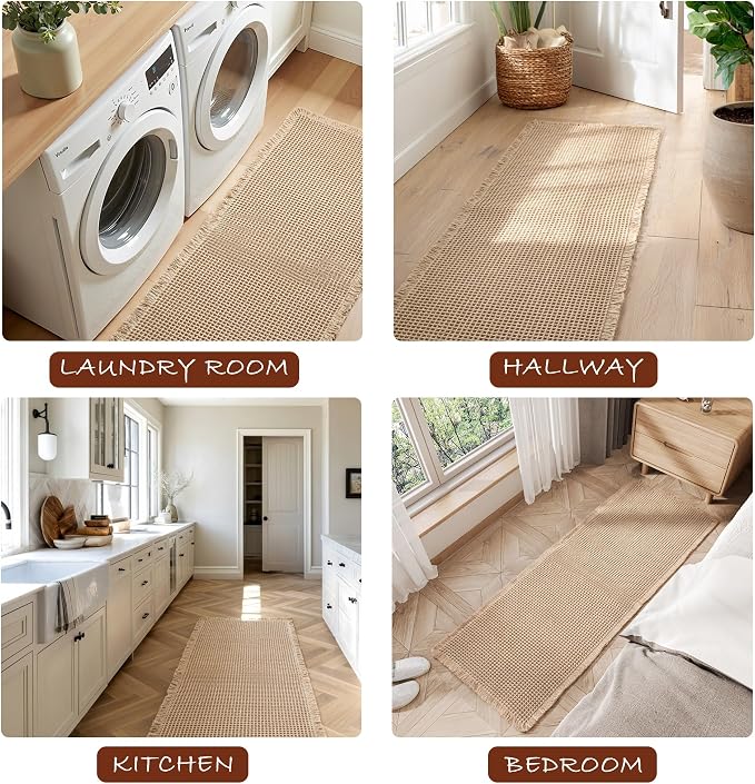 DWCN Set of 2 Waffle Boho Bathroom Mats, Non Slip Bath Rug Set for Bathroom Floor, Super Absorbent Shower Mats for Tub, Washable Kitchen Rugs for Farmhouse Home Decor, 16" x 24" Plus 24" x 60", Brown