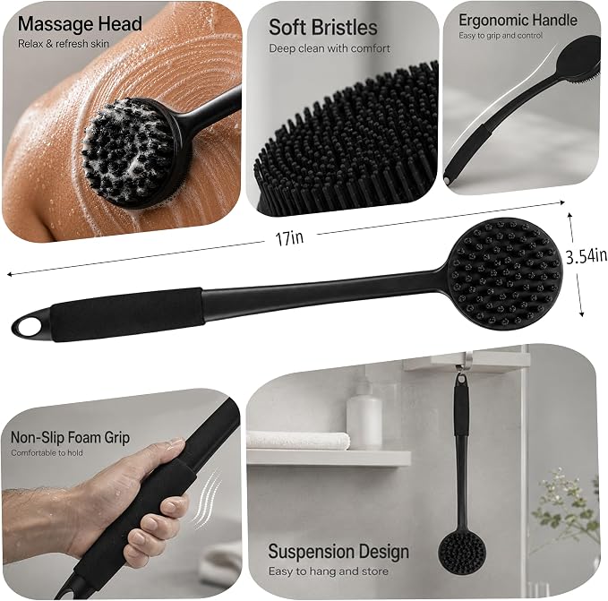 Back Scrubber for Shower, 15.7" Loofah with Handle, Back Shower Brush with Bristles and Loofah, Dry Brushing Body Brush for Cleanse Back with Curved Long Handle (Black)