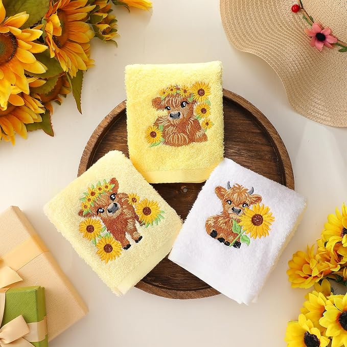 FuWeave 3 Pcs Sunflower Highland Cow Hand Towels Embroidered Highland Cow Farmhouse Yellow Decorative Bathroom Towels for Bathroom Kitchen Decor, 100% Cotton, 13.3 x 29.5''