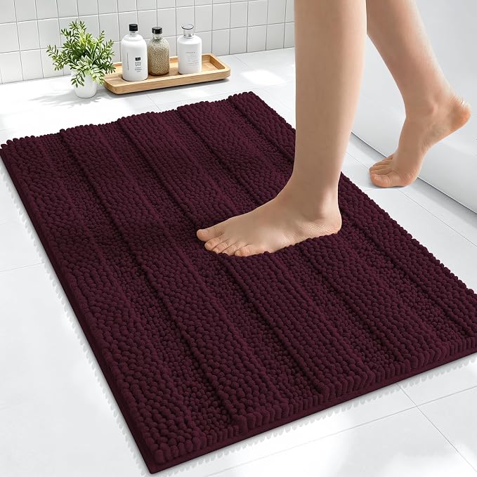 Smiry Thick Small Chenille Bathroom Rugs 24x16, Extra Absorbent Striped Bath Mat, Machine Washable, Rubber Backing, Bath Rugs for Bathroom, Tub & Shower, Home Decor Accessories, Black Cherry