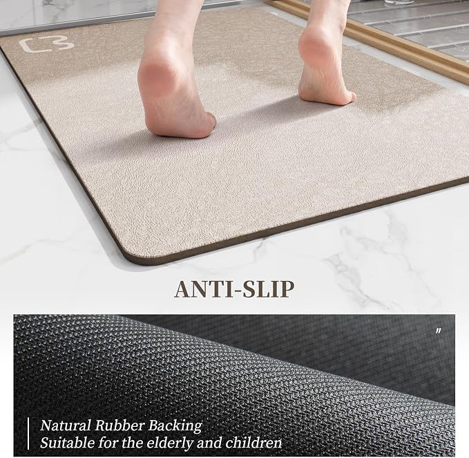 RUERYA Diatomaceous Earth Bath Mat Super Absorbent Non Slip Fast Drying Shower Rug Stone Bath Mat for Bathroom Thin Bathroom Floor Mats Fit Under Door, Machine Washable, 17" x 27.5", Taupe