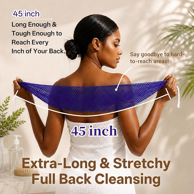 African Net Sponge for Shower, 2PCS Exfoliating Shower Sponge with Waterproof Travel Bag, Quick-Drying African Wash Cloth for Deep Cleansing & Smooth Skin (Dark Blue & Deep Purple)