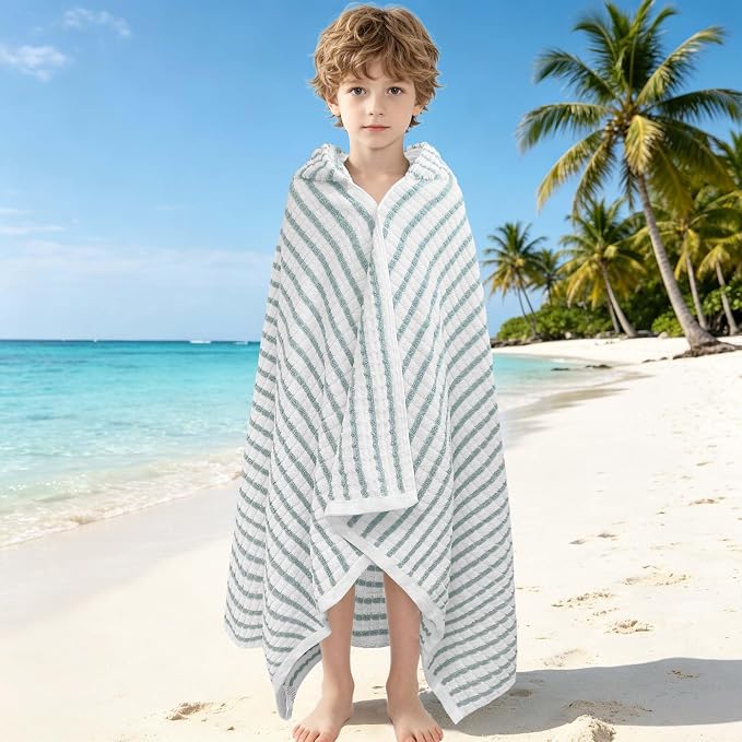 VOOVA & MOVAS Hooded Bath Towels for Kids | Soft Absorbent 100% Cotton Thick Towel Wrap | Versatile Beach, Pool, Swim & Bath Cover-Up | White Green Thin Horizontal Stripe
