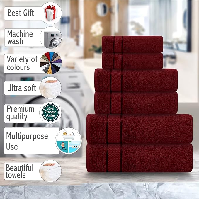 Bath Towels Set-100% Cotton- 2 Bath, 2 Hand & 2 Washcloths- Large, Thick, Fluffy, Absorbent, Quick Dry, Soft & Plush - Home, Pool, Hotel, Gym Towel -6 Piece Luxury Bathroom Towels- Dark Red / Burgundy