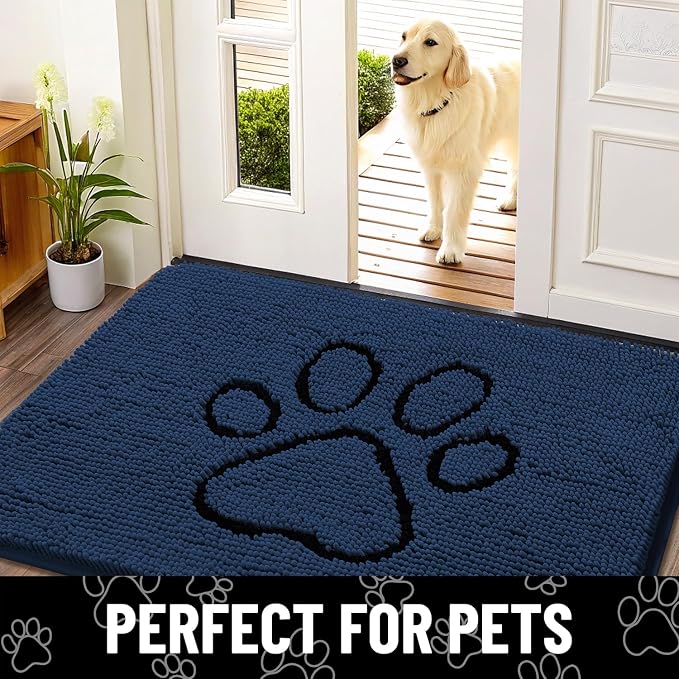 Smiry Dog Door Mat for Muddy Paws, Absorbent Dirt Trapper Non Slip Quick Dry Washable Chenille Mat for Mud Dogs, Entry Rug for Indoor and Outdoor (30x20 Inches, Dark Blue and Black)