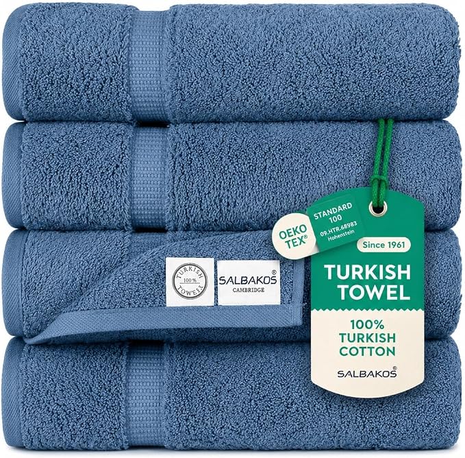 SALBAKOS 100% Turkish Cotton Bath Towels | 4 Piece Turkish Bath Towels Blue 27x54 in Standard Size | Premium Hotel Quality, Super Absorbent, Thick & Plush Turkish Bath Towel (Blue, 4 Bath Towels)
