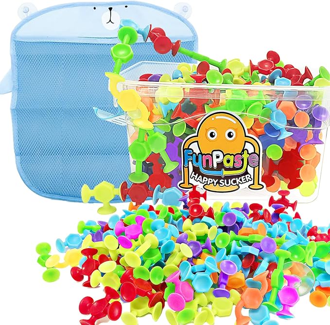 165Pcs Genius Suckers Suction Cup Toys, Bath Sensory Toys for Kids, Colorful Building Toys Party Favor Gift for 3 4 5 6 Year Old Boy Girl Toddler Travel Fidget Window Toy with Storage Organizer