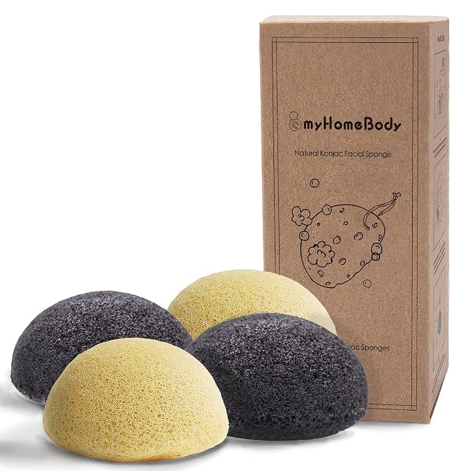 myHomeBody Natural Konjac Facial Sponges, Turmeric Yellow & Charcoal Grey | Natural Konjac Sponge, Charcoal Face Sponge, Gentle Face Cleansing, Facial Exfoliation, With Turmeric and Activated Charcoal