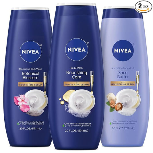 NIVEA Nourishing Body Wash Set with Botanical Blossom, Nourishing Care and Shea Butter Body Washes, Skin Care Set for Women with Provitamin B5 and Vitamin E, 20 Fl Oz Bottle, Pack of 3