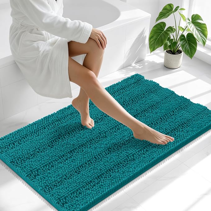 Smiry Thick Chenille Bathroom Runner Rugs 44x24, Extra Absorbent Striped Bath Mat, Machine Washable, Rubber Backing, Long Bath Rugs for Bathroom, Tub & Shower, Home Decor Accessories, Deep Lake