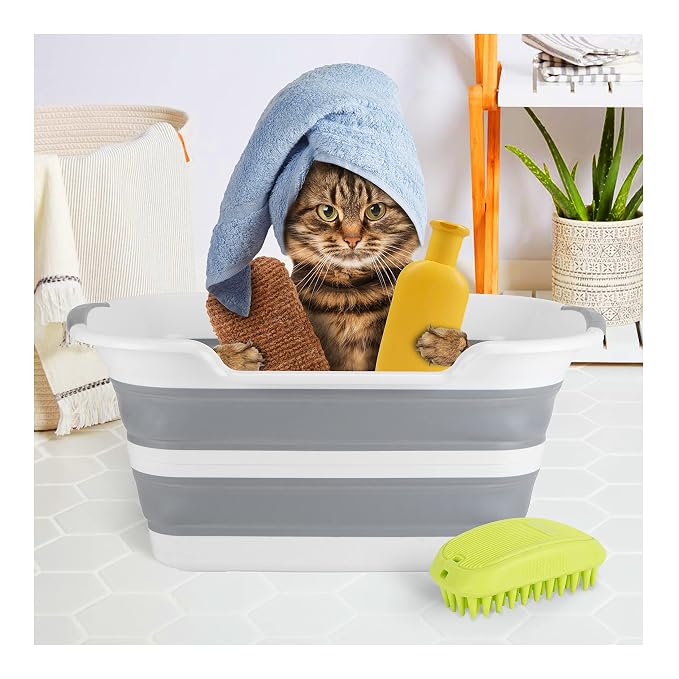 Collapsible Pet Bathtub with Water Drainage Hole and Plug - Foldable Plastic Basket, Wash Basin, Washing Station for Small Dogs Cats, Space Saving, Organizer, Bucket, Bin, Storage