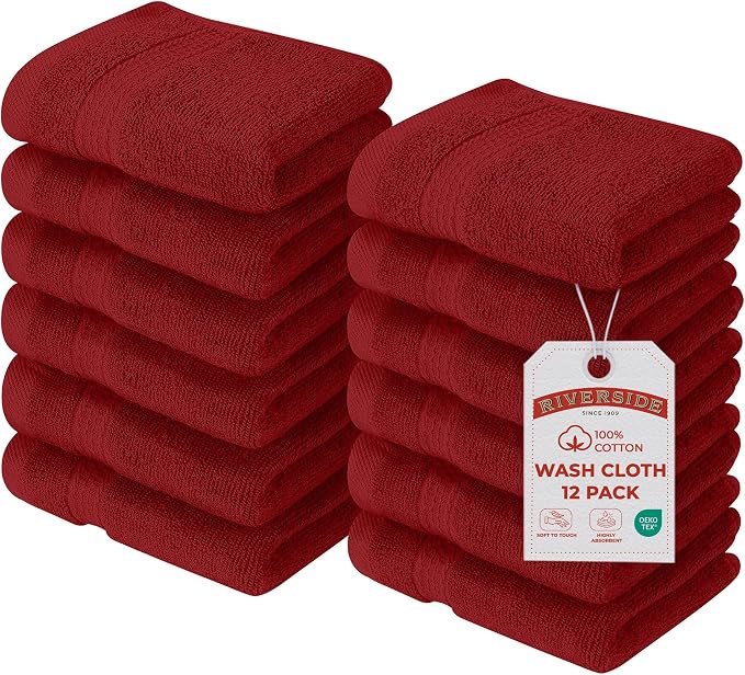 RIVERSIDE 12-Pack Premium 100% Cotton Red Face Towels for Bathroom [12x12] - Reusable Luxury Face Wash Cloths for Showering - 550 GSM Super Soft & Absorbent Washcloths for Body, Spa & Gym