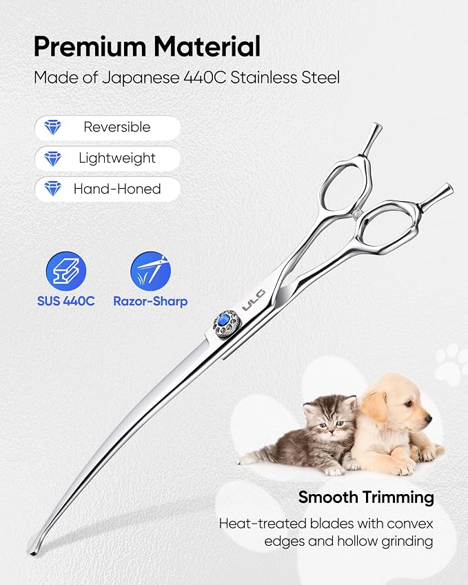 ULG Curved Dog Shears for Grooming, 7 Inch Professional Curved Dog Grooming Scissors for Trimming and Cutting, Japanese Stainless Steel Pet Hair Scissors