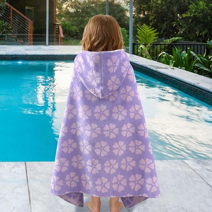 VOOVA & MOVAS Toddler Hooded Bath Towel, 25''X40 (0-3T), Soft | Thick | 100% Cotton | Absorbent Hooded Towel Wrap for Girl, Perfect for Beach, Pool, Bath, Swimming,Purple Flower