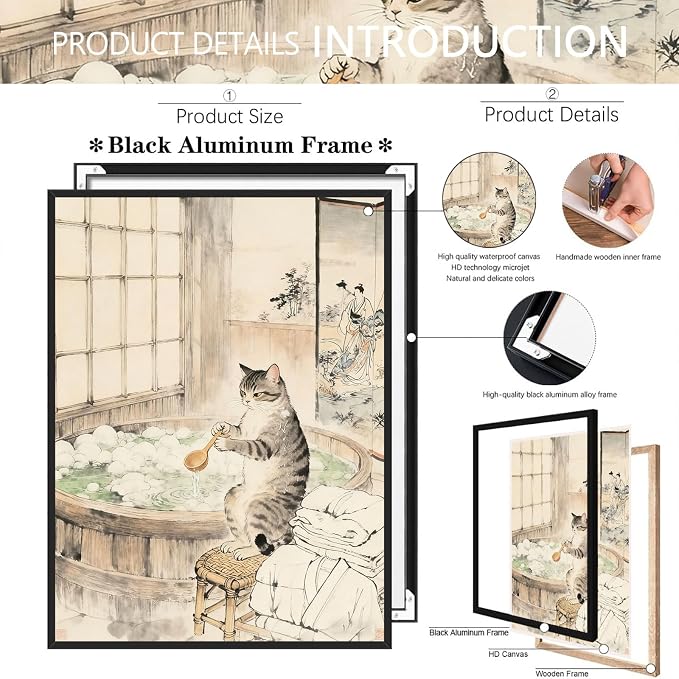 Whimsical Japanese Style Cat Hot Spring Bath Art Posters - Aesthetic Wall Prints for Home & Apartment Decor 20X30 in Wrapped Framed