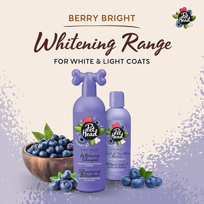 Pet Head Berry Bright Whitening & Colour Enhancing Dog Shampoo | Blueberry Scent | for Brightening White and Light Dog Coats | Neutralizes Yellow and Brassy Tones | Suitable for Puppies | 16 fl. oz.